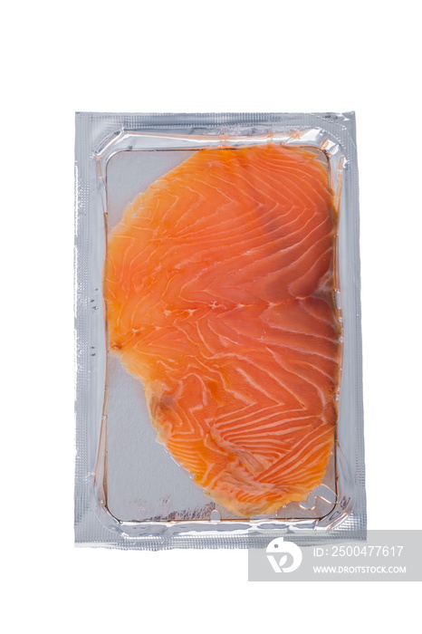 Smoked salmon slices in package isolated on white background