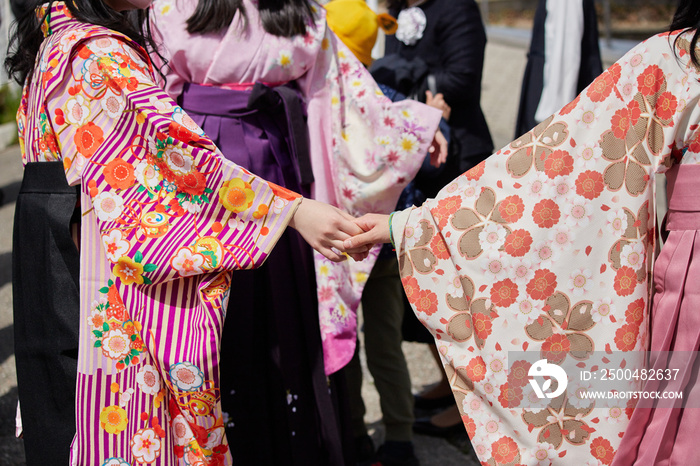 春の小学生の卒業式上の女の子たちの袴姿