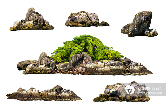 The trees. Mountain on the island and rocks.Isolated on White background