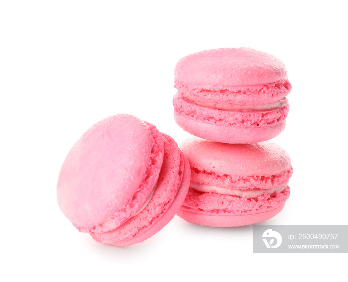 Tasty macarons on white background