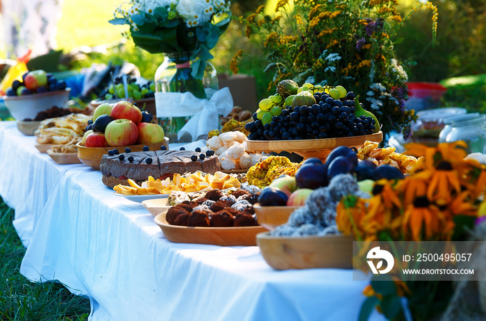 大自然中美丽的婚宴，餐桌上丰盛的饭菜。