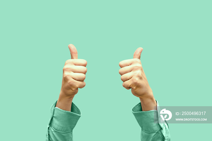 Thumbs up, two hands. View of two hands with raised thumbs, isolated on a green pastel background. E