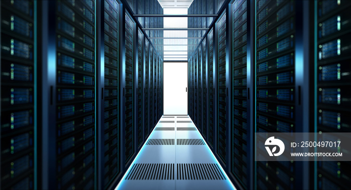 大数据中心存储，满是机架式服务器。云服务器机房3D渲染。