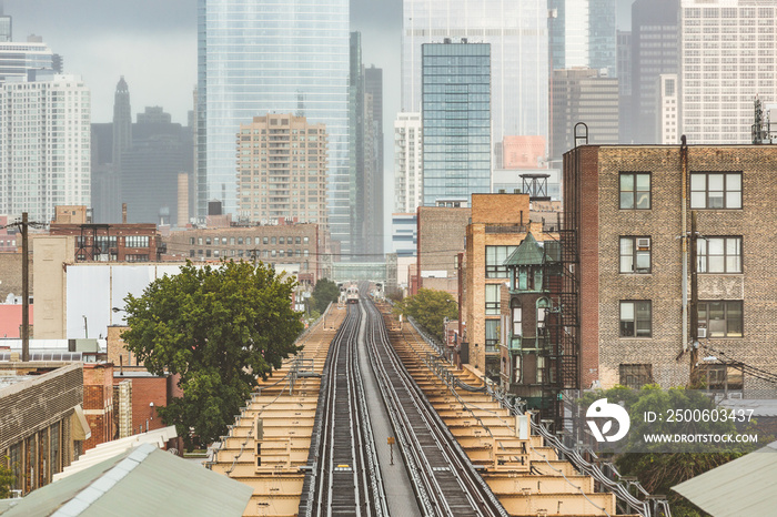 Chicago, railway view with city skyscrapers on background