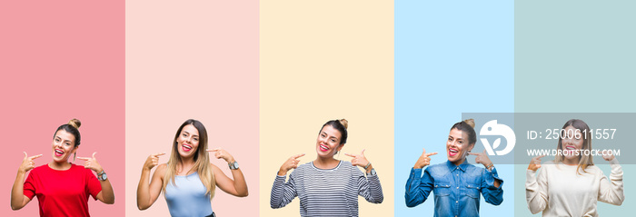 Collage of young beautiful woman over colorful vintage stripes isolated background smiling confident