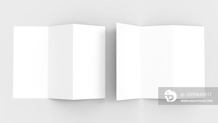 A4.柔软灰色背景上的空白三折纸质小册子模型，带有柔和的阴影和高光。3