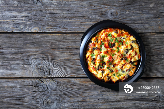 Hot chicken tamale pie top view, copy space