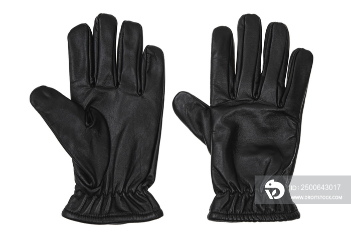 黑色皮手套隔离在白色背景上。黑色手套-保持/获取手势。