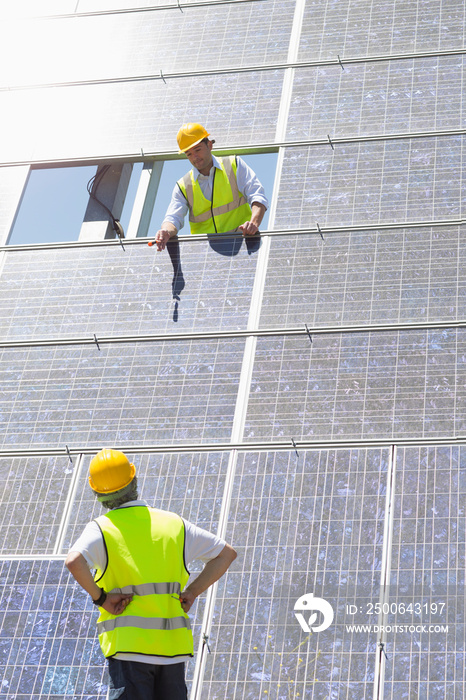 Engineers examining sunny solar panels