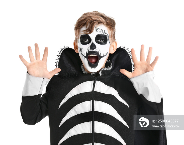 Little boy in Halloween costume on white background