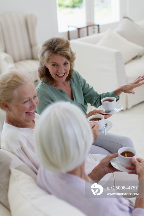 Happy female senior women friends enjoying tea on sofa