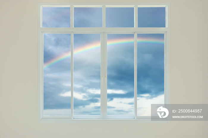 Modern house window view with rainbow background