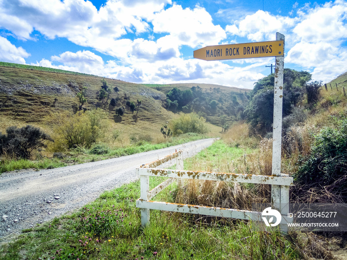 Road sign  Maori Rock Drawing , Timaru, New Zealand