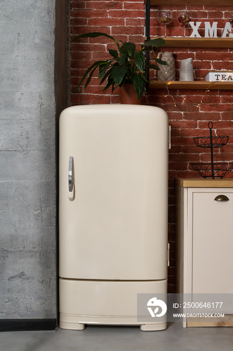 Retro style white fridge in vintage kitchen