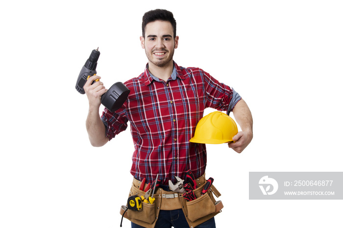 bricklayer tools and helmet isolated on white background