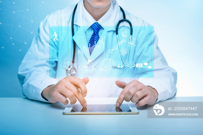 Close up of Doctor is showing medical analytics data, Medical technology concept