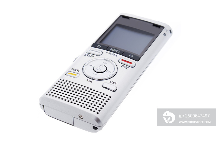Digital voice recorder, dictaphone on white background