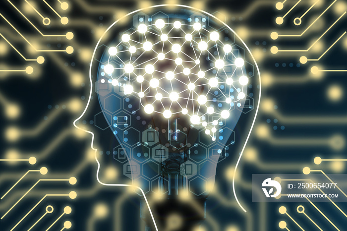 机器学习和人工智能概念。灯泡上的大脑连接学习。文章摘要