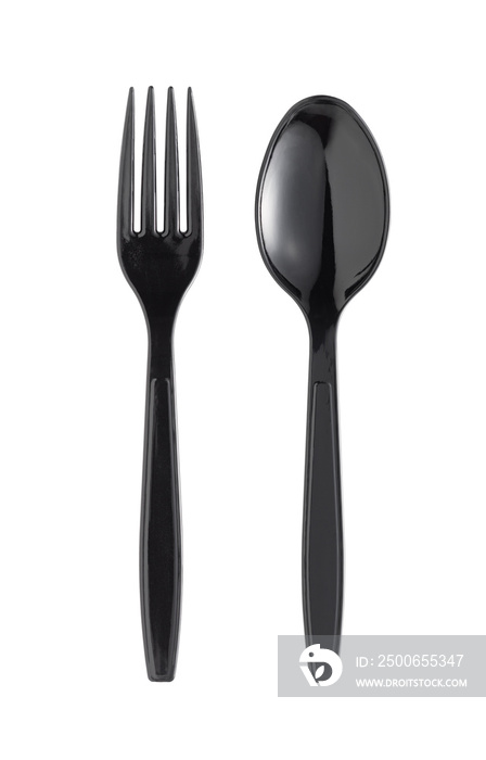 disposable black plastic spoon and fork isolated on white background
