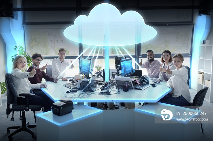happy business team with cloud computing hologram
