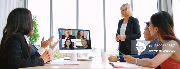 Video call group business people meeting on virtual workplace or remote office. Telework conference 