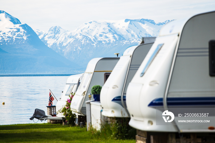 camping site with the caravan cars