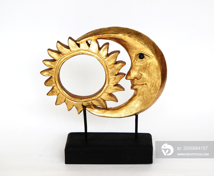 sun and moon together, golden statue on white background