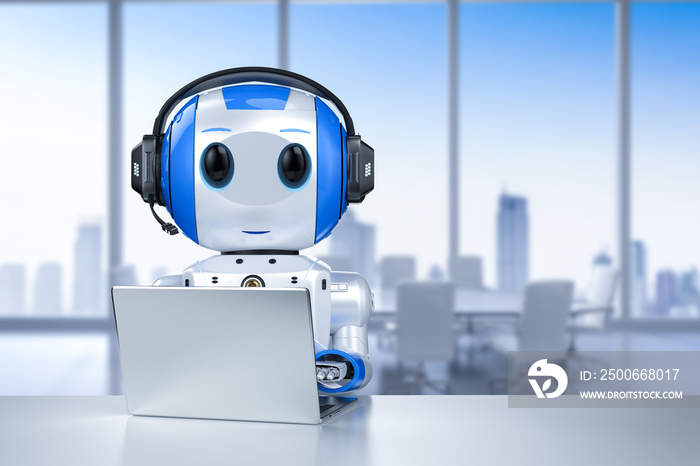 cute artificial intelligence robot with notebook