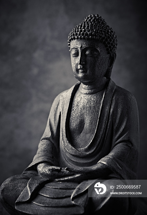 Meditating Buddha Statue on dark background. Copy space.