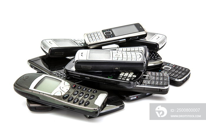 Pile of old mobile phones ready for recycling