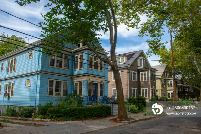 Historic buildings on Beals Street in the Coolidge Corner of Brookline near Boston, Massachusetts, MA, USA. John Fitzgerald Kennedy National Historic Site NHS is located on this street.