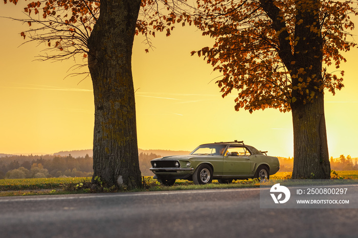 Old american muscle car in green color, photograph taken in low profile and in evening sunset with sun close to horizon. Romantic oldtimer car photo.