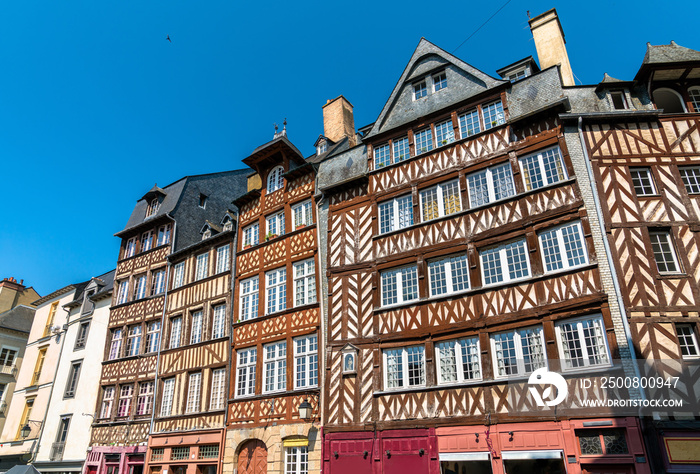 Traditional half-timbered houses in the old town of Rennes, France