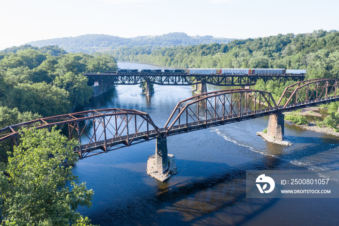 Aerial of two bridges that cross from Easton, PA to  Phillipsburg, New Jersey.