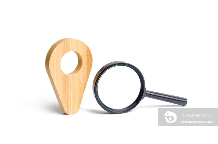 Magnifying glass location marker. Search for the right place or landmark. Navigation and orientation in the city or country. Search for a new home or land. Travel to the world.