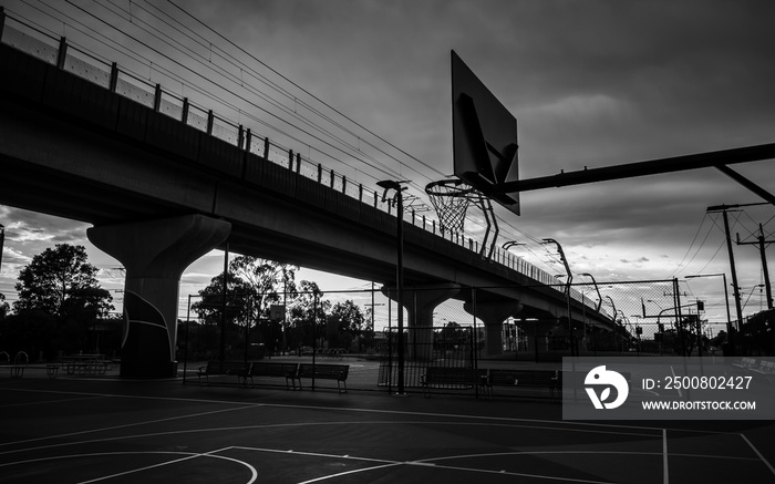 black and white basketball court