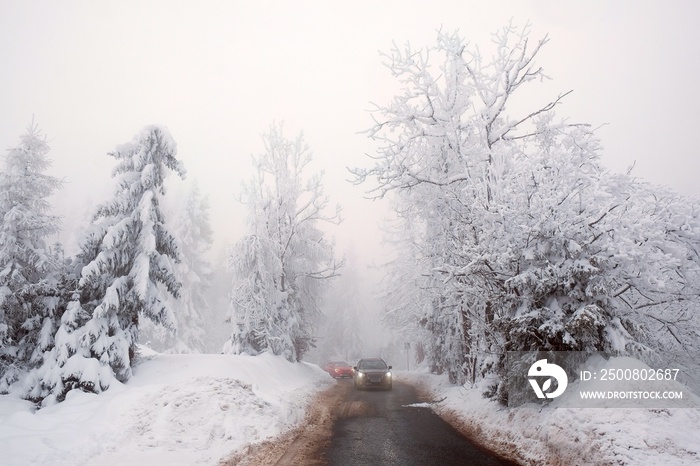 Very heavy winter conditions on road on misty day. White frozen forest by road. Cars on road. Podhale, Poland