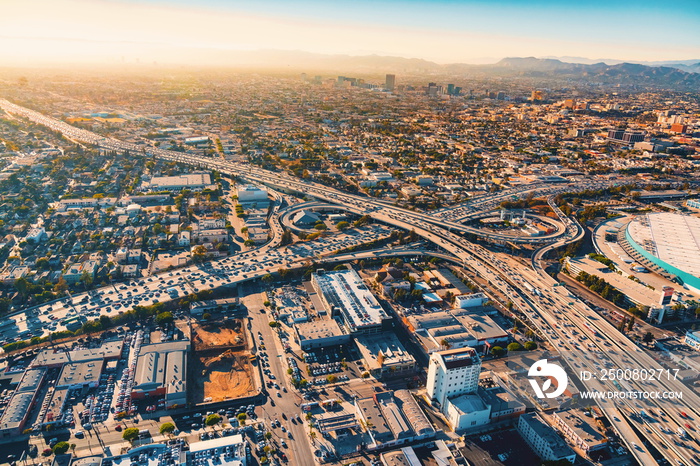 Aerial view of a freeway intersection in Los Angeles