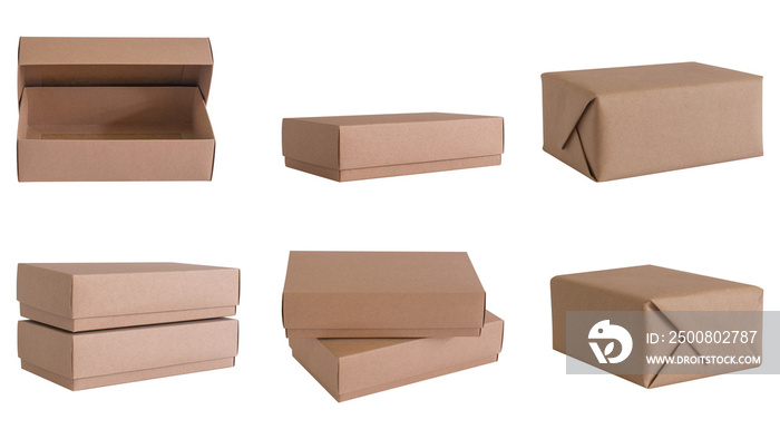 Set of Brown craft paper box on white background. Object with clipping path