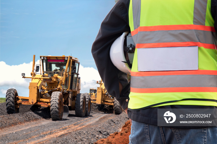 Back view civil engineer inspection construction road work