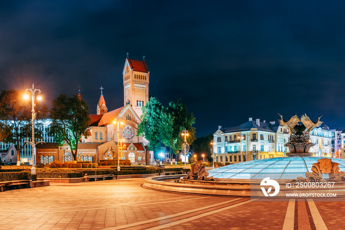 Minsk, Belarus. Night View Church Of Saints Simon And Helen Or Red Church