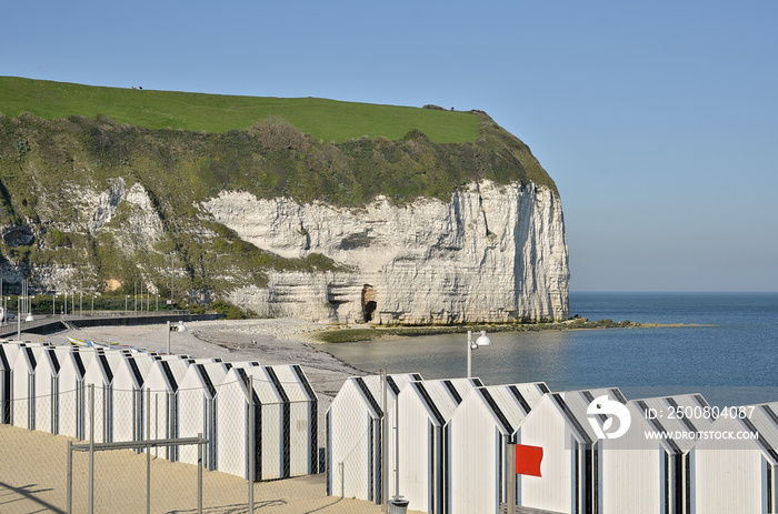 Beach cabins and famous the cliffs of Yport, commune in the Seine-Maritime department in the Haute-Normandie region in northwestern France