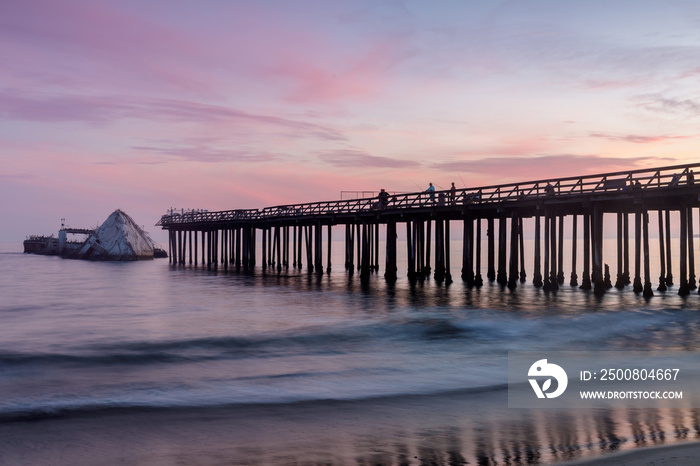 Twilight Sky over Seacliff Pier and SS Palo Alto Shipwreck. Seacliff State Beach, Aptos, Santa Cruz County, California, USA.