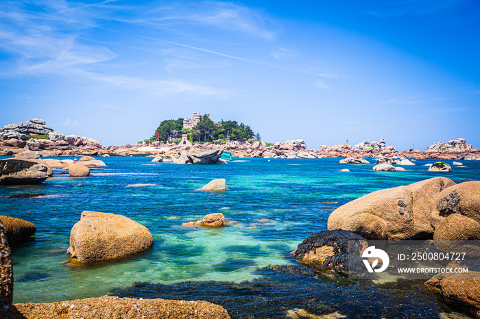 Rocks and small islands in the bay of Perros-Guirec, Brittany, France