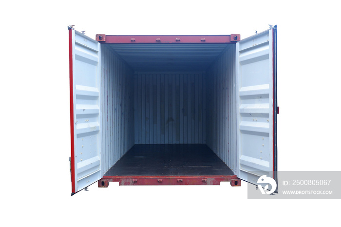 Container with red goods, door open, white background