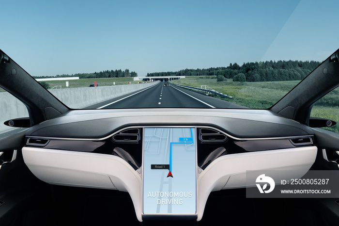 Self driving car on a road. Autonomous vehicle. Inside view.