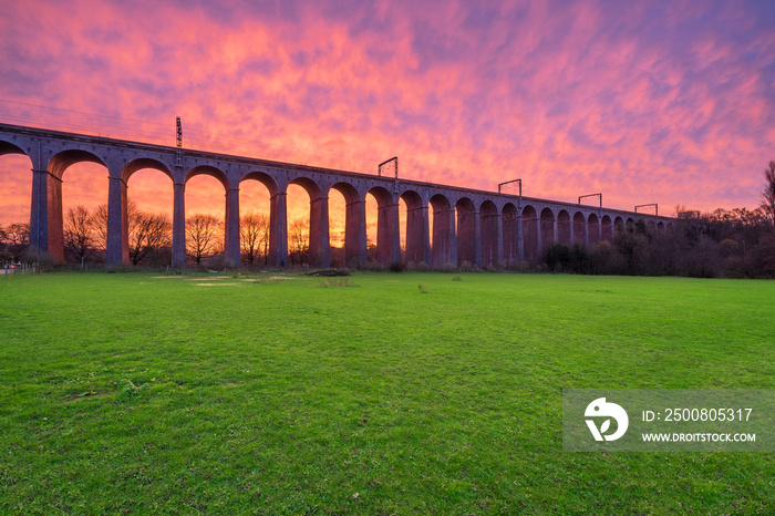 Railway Viaduct viewed at sunrise near Welwyn Garden City, England