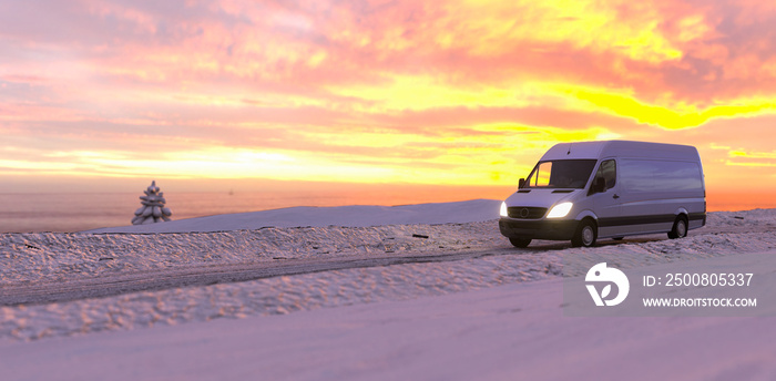 Weißer Transporter fährt bei Sonnenuntergang durch Winterlandschaft