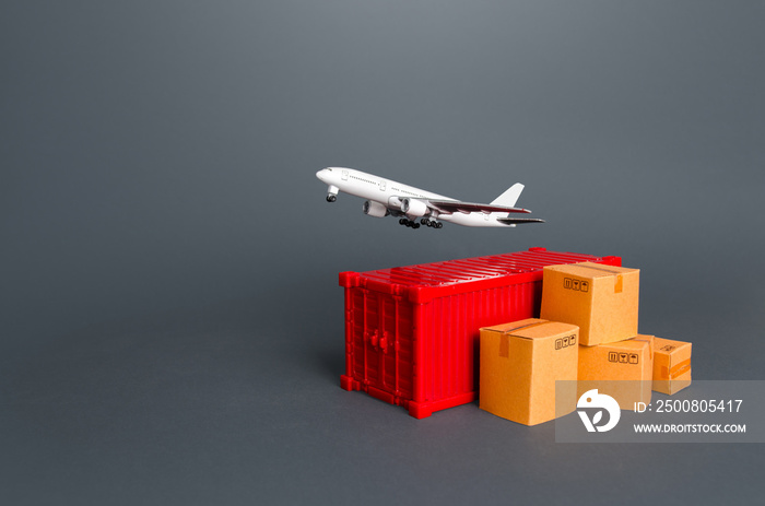 Cargo plane over container and boxes. Services of express delivery and transportation of goods by plane. World trade and logistics. Business and commerce, import export of products.