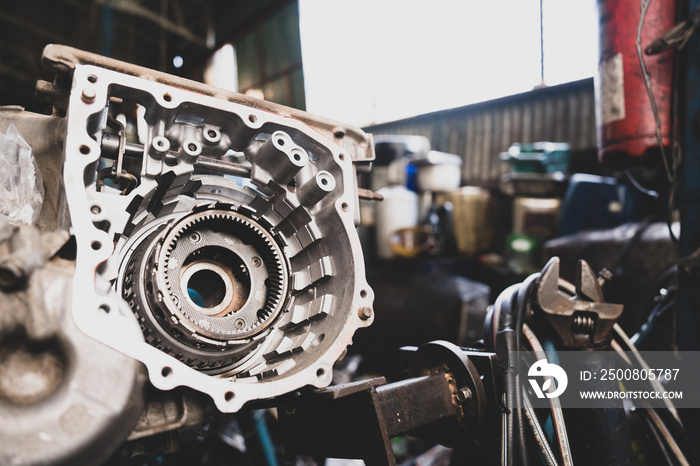 Steampunk texture, background with mechanical parts, gear wheels Stylized of a steampunk mechanical, metal gears are engine, gearbox or rotor parts. Parts and parts of construction equipment